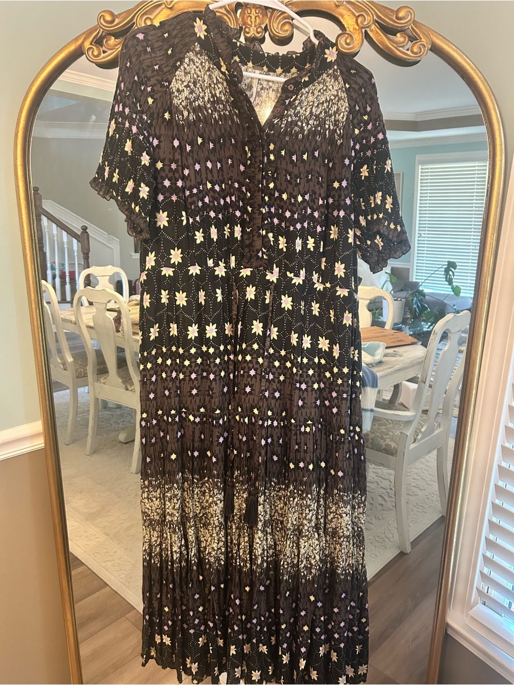 Free People Rare Feelings Maxi Dress Black Combo Size Large Boho Floral